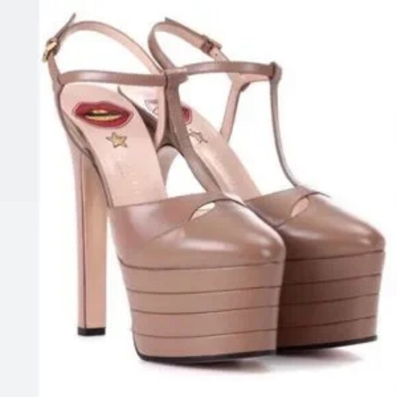 Womens Gucci Angel Nude Leather T-Strap Platform Pumps Heels 39 US/9 - Picture 1 of 16
